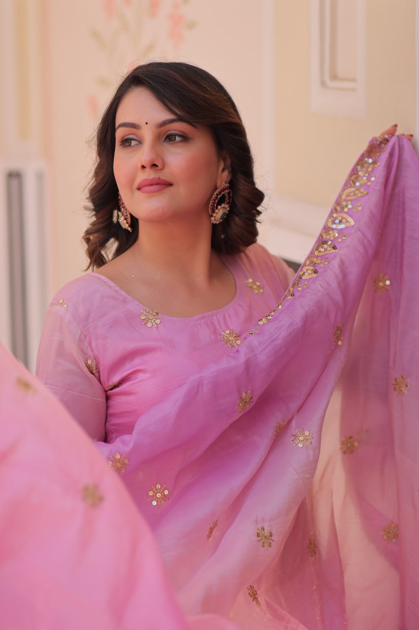 Pink Organza Flair Sequins Zari Embroidery Gown with Dupatta