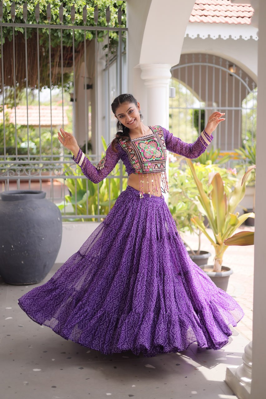 Anjali Purple Faux Georgette Bandhani Kutchi Patchework Lehenga
