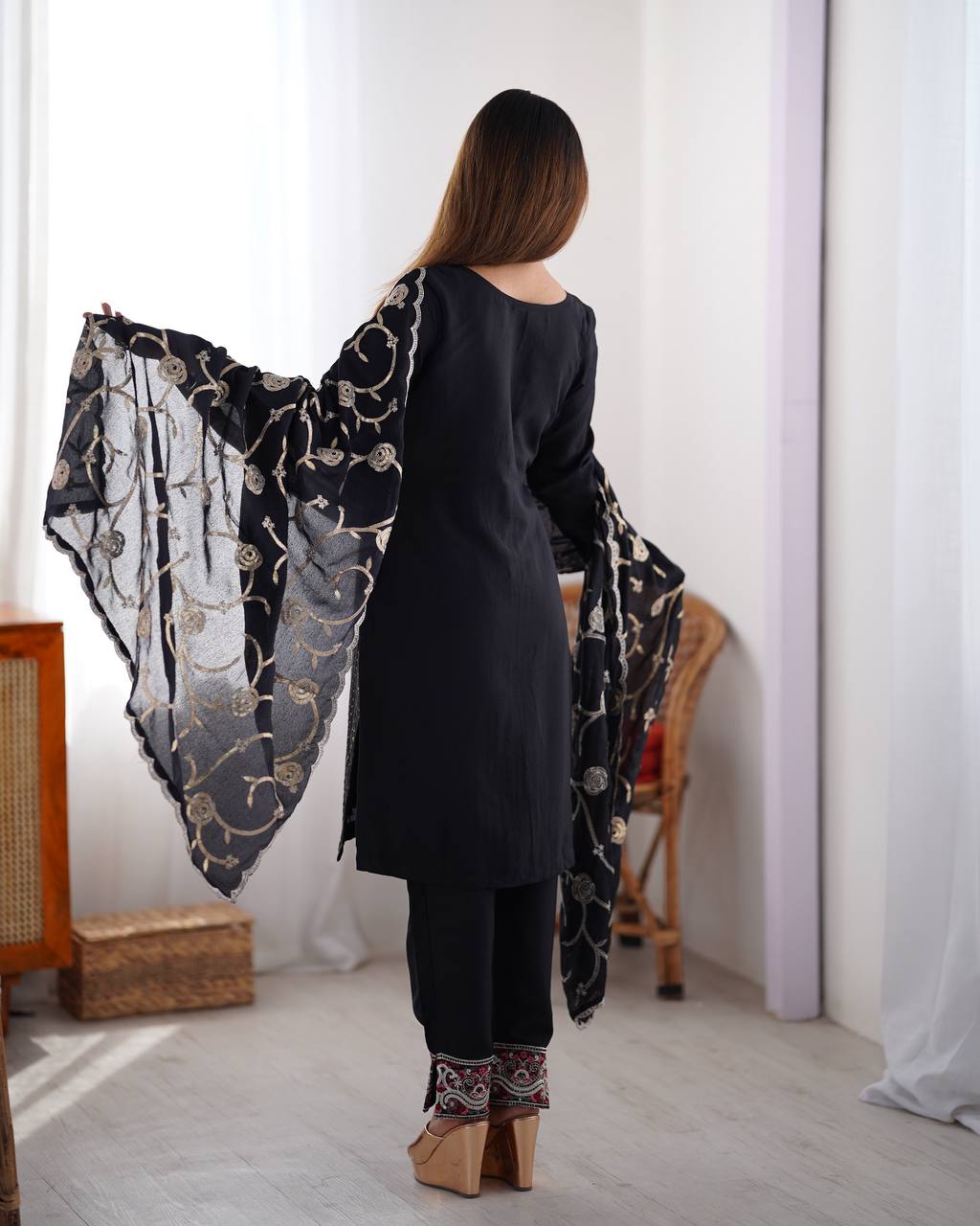 Shop this embroidered kurti with pants and dupatta – a stunning chinon silk ethnic wear, fully stitched kurti set online for festive wear for women.