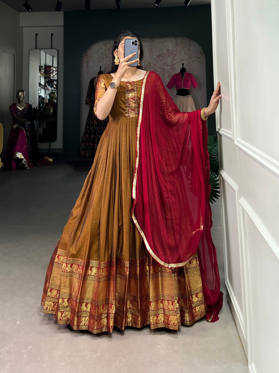 Rust brown cotton Anarkali gown with dupatta, Zari woven ethnic dress, stitched festive gown for women, lightweight party wear, Trinaari premium wear.