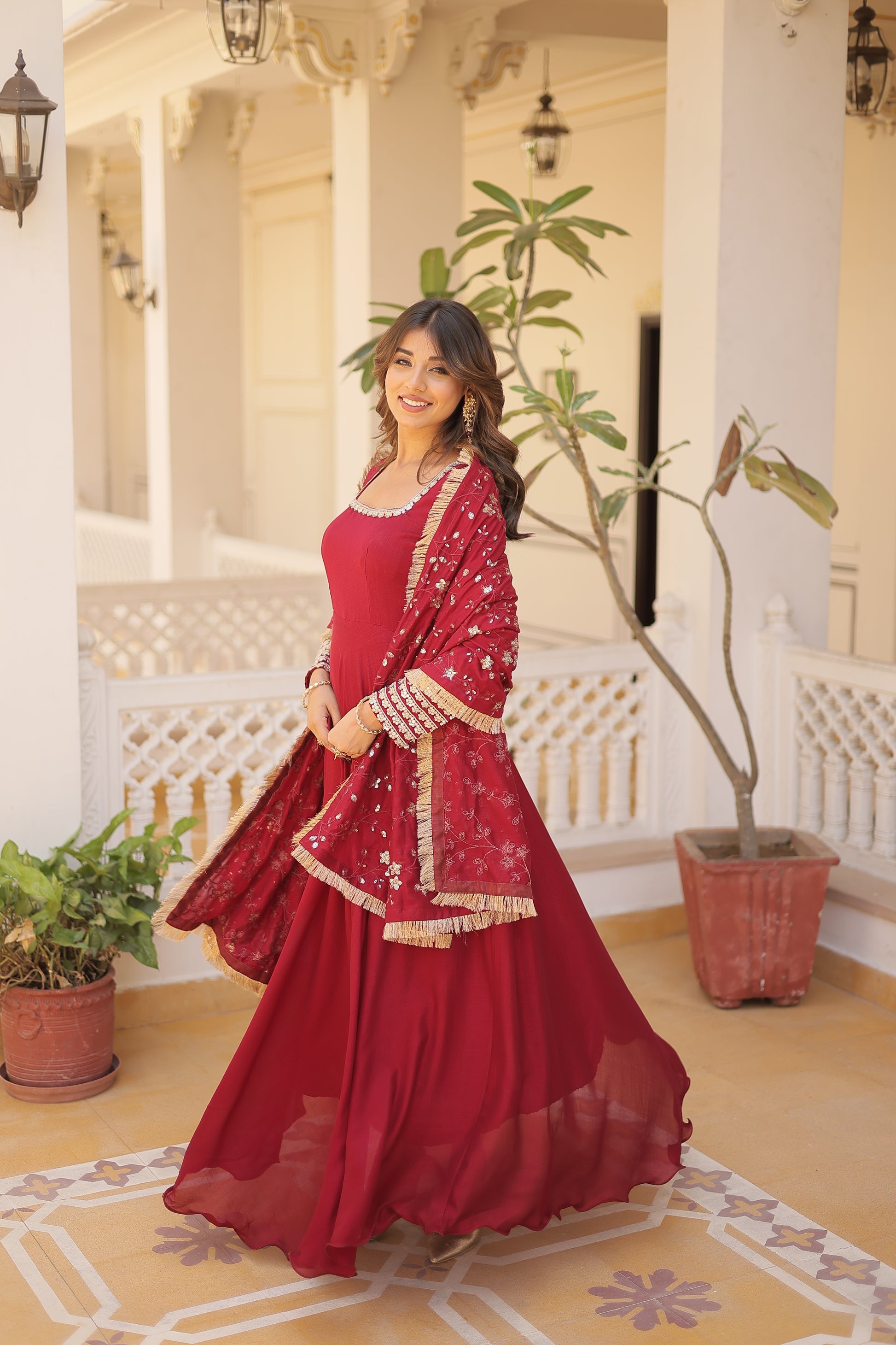 Aparajita Maroon Vichitra Silk Anarkali Gown Set