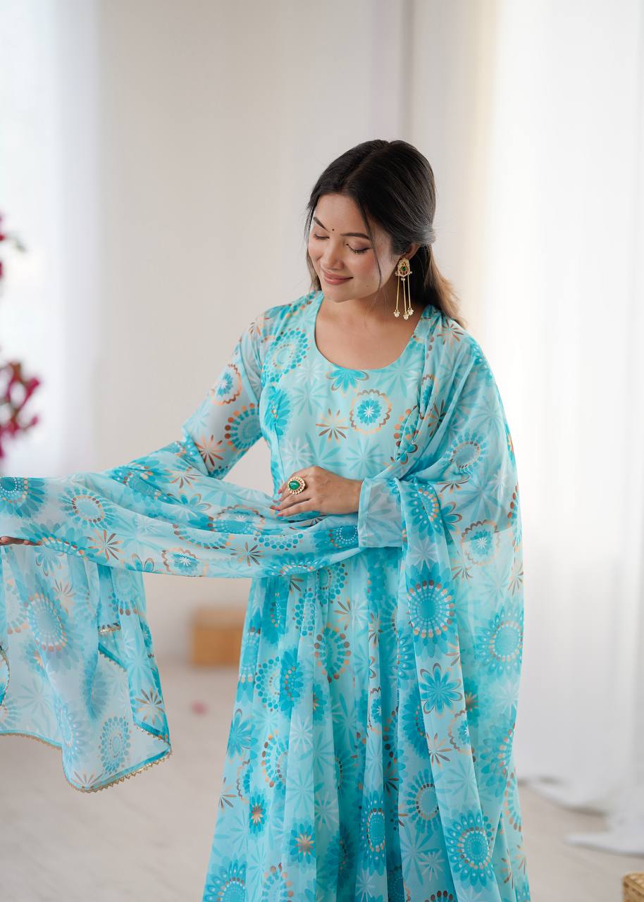 Sky Blue Fox Georgette Floral Print Anarkali Suit Set