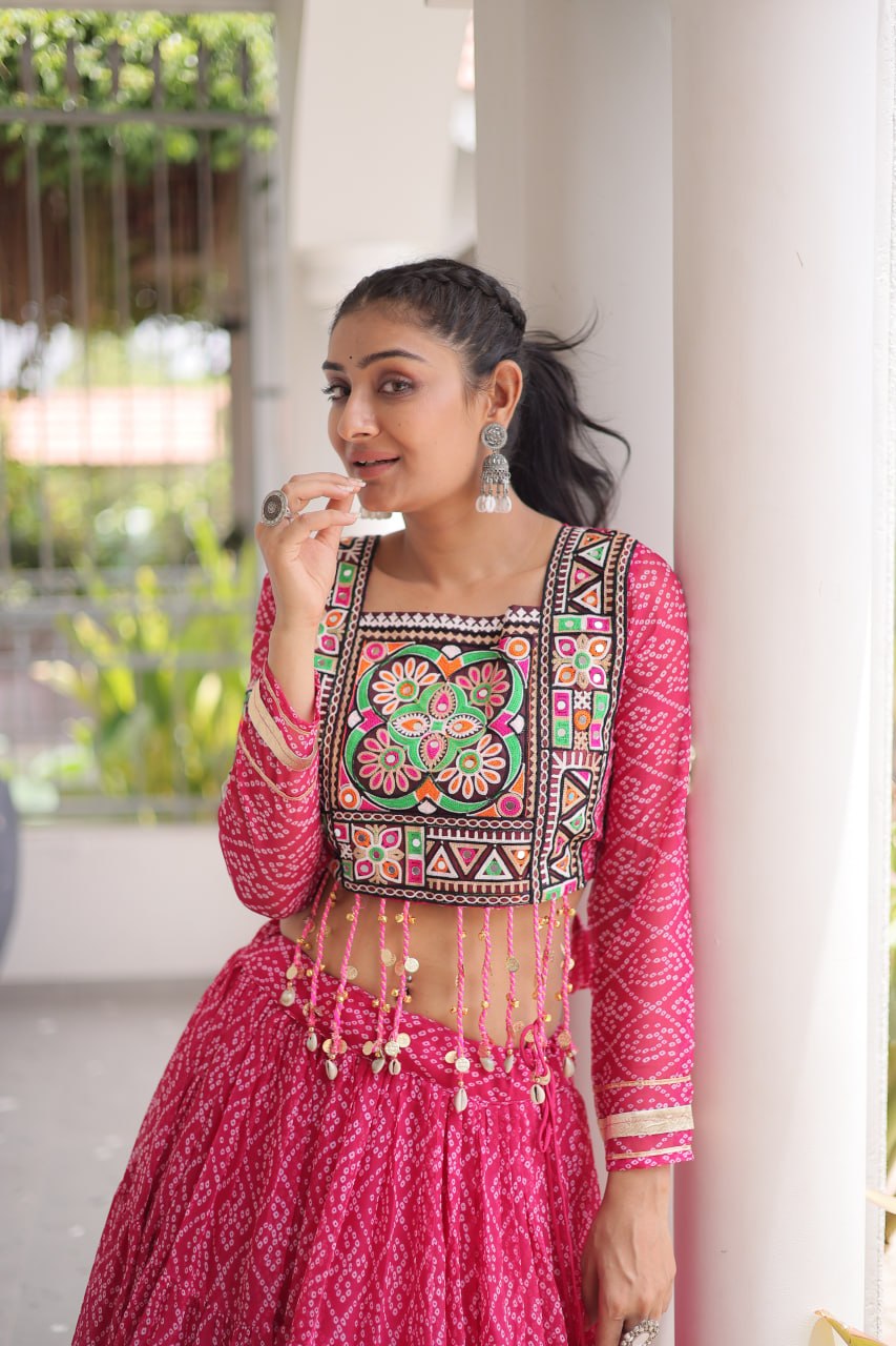 Anjali Pink Faux Georgette Bandhani Kutchi Patchework Lehenga