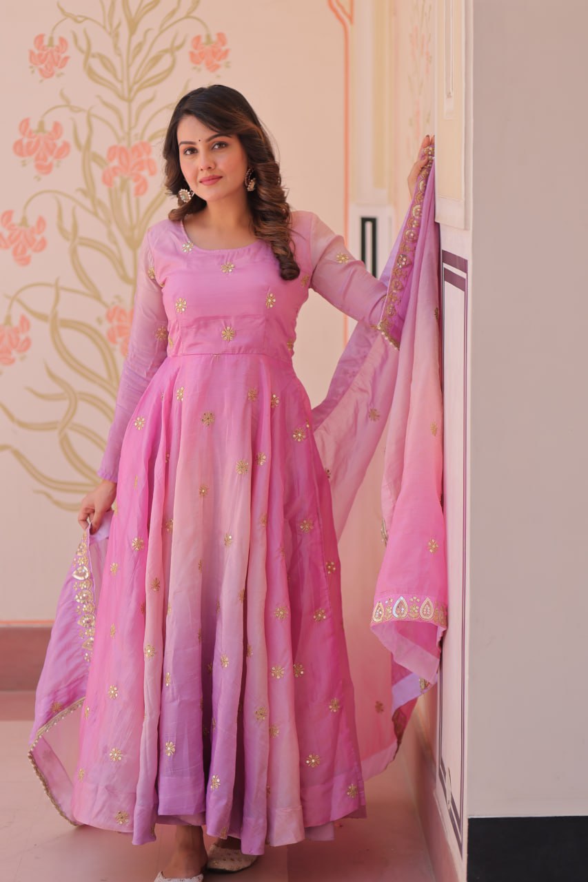 Pink Organza Flair Sequins Zari Embroidery Gown with Dupatta
