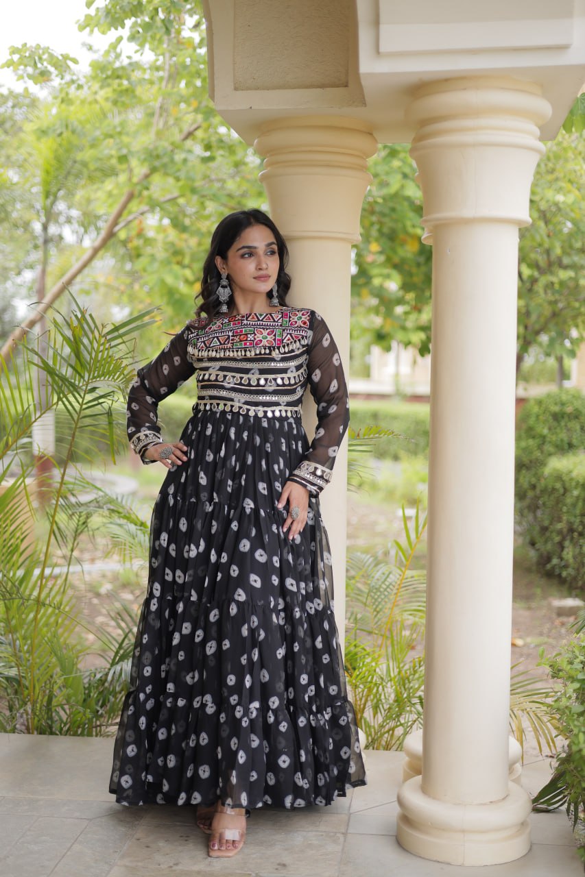 Lavanya Black Faux Georgette Bandhani Kutchi Patchwork Gown