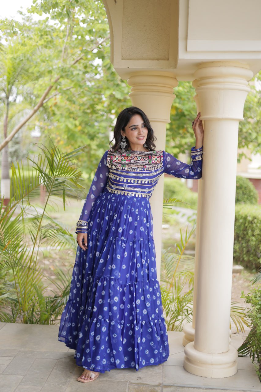 Lavanya Blue Faux Georgette Bandhani Kutchi Patchwork Gown