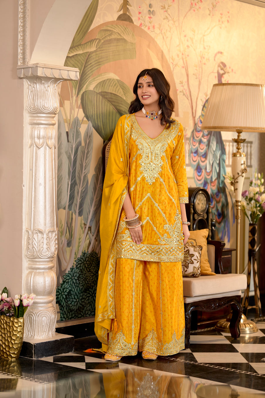 Meera Chinon Silk Embroidered Designer Kurti Sharara Set