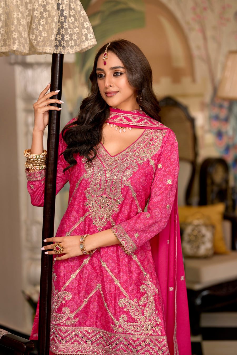 Meera Chinon Silk Embroidered Designer Kurti Sharara Set