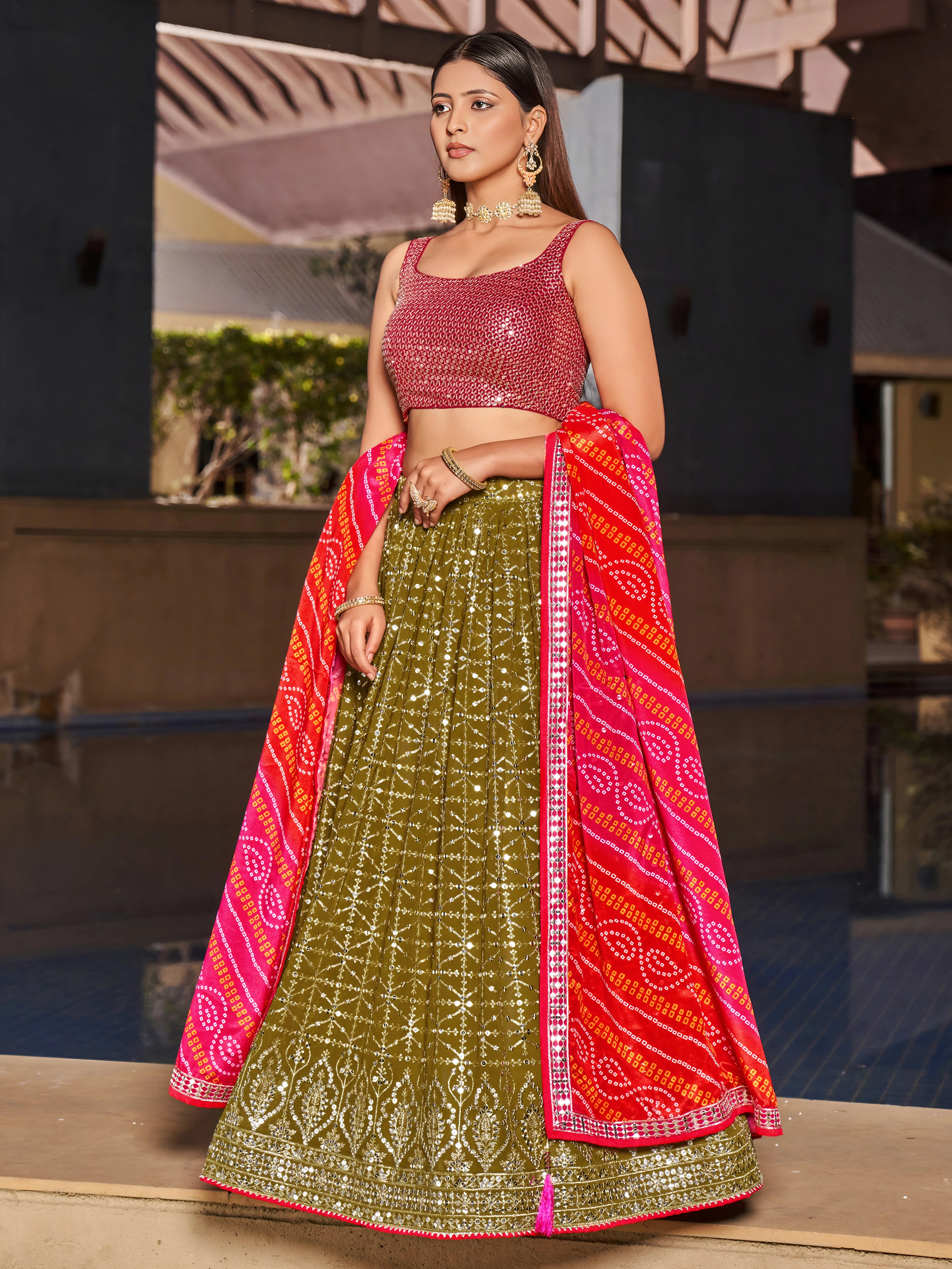 Navya Olive Green Color Embroidered Lehenga Choli with Bandhani Dupatta