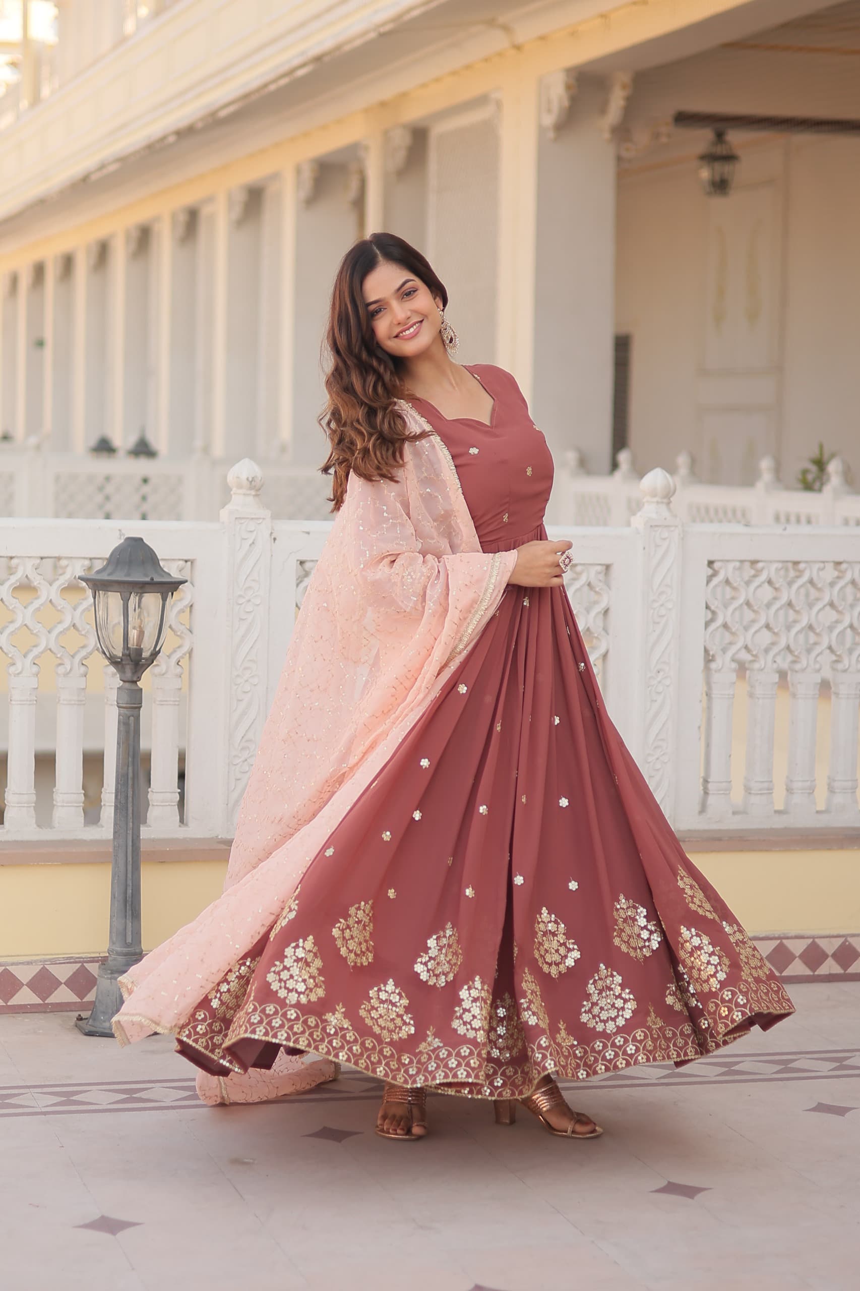 Vasudha brown georgette embroidered anarkali gown set