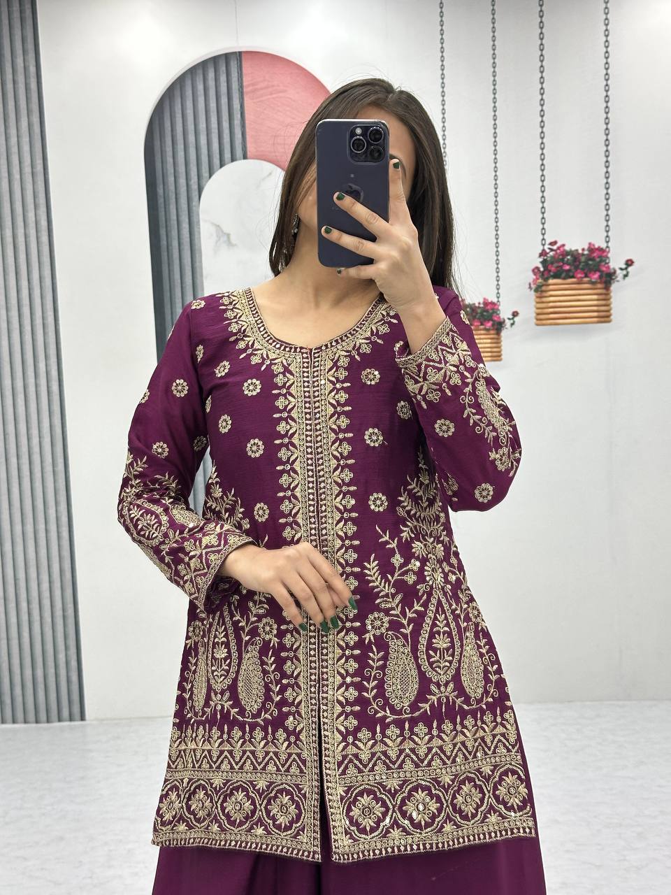 Enya Purple Color Chinon Embroidery Thread Sequence Work Kurti Palazzo Set