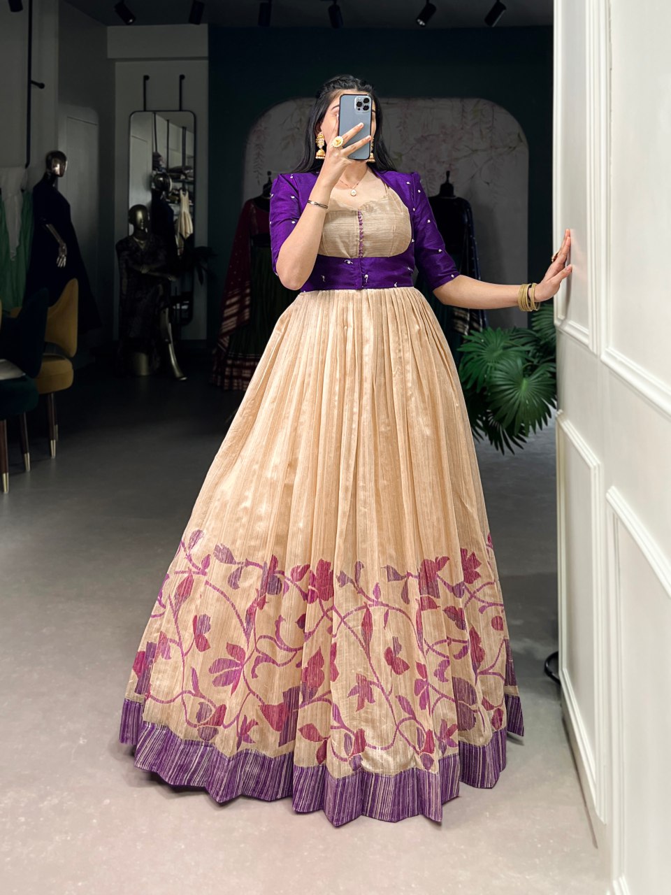 Beige Silk Printed Gown with Embroidered Banglory Koti