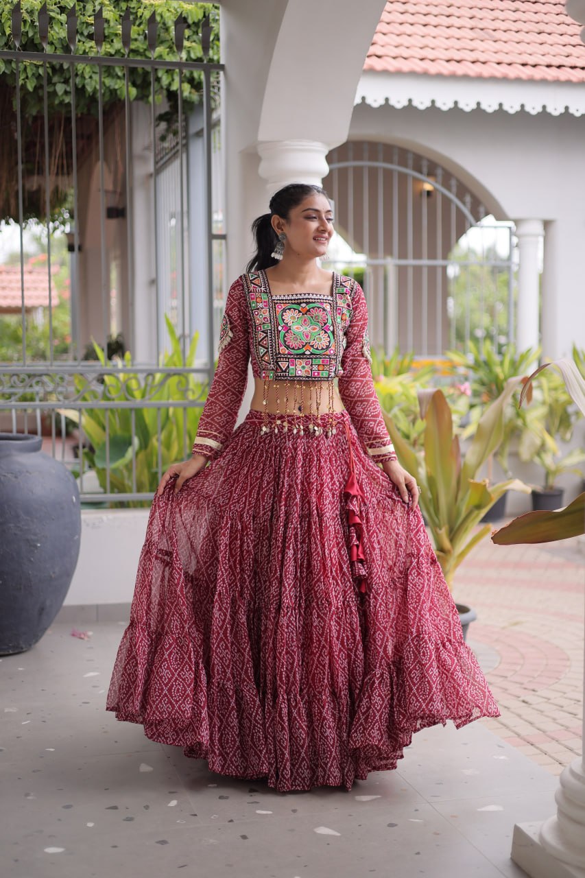 Anjali Brown Faux Georgette Bandhani Kutchi Patchework Lehenga
