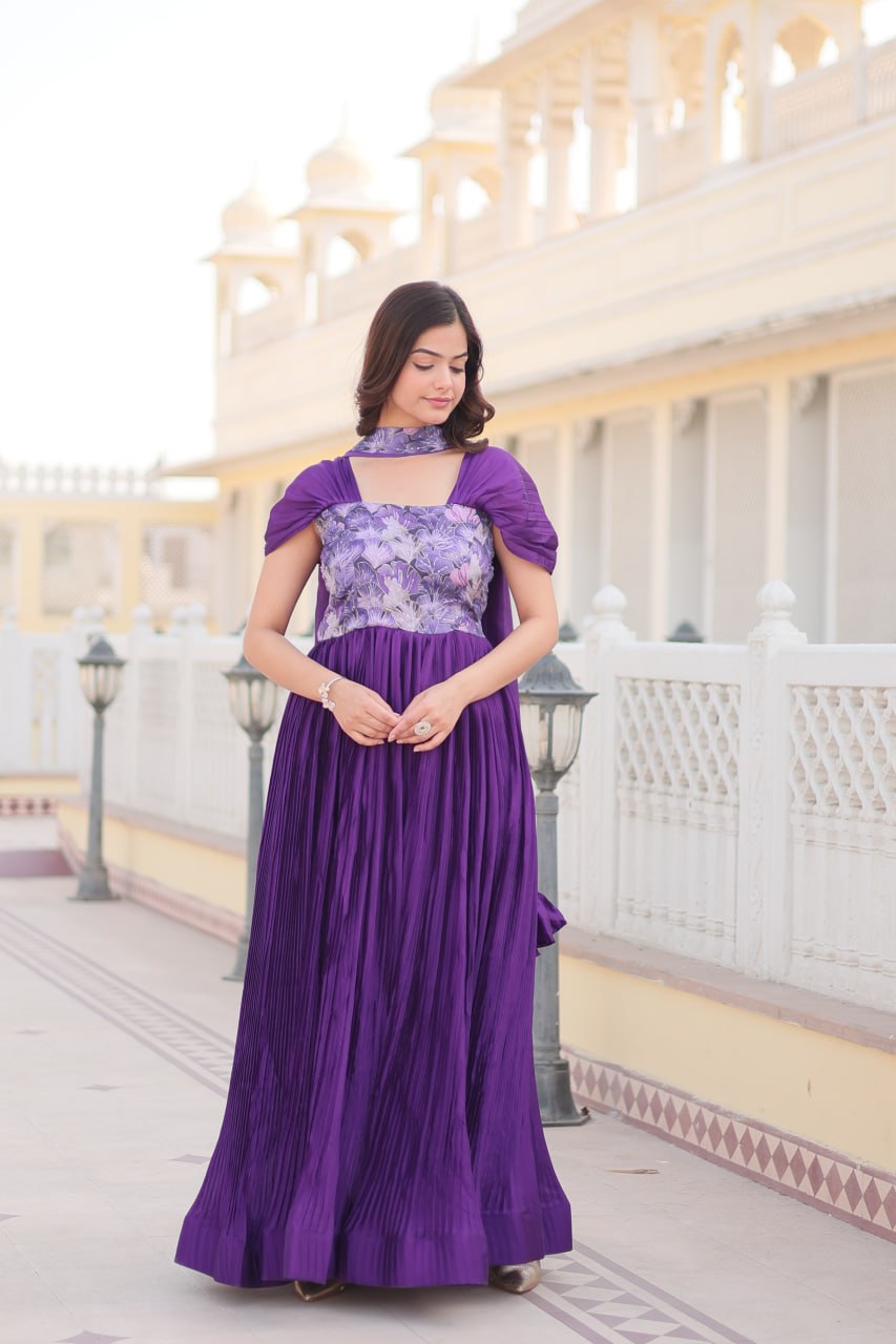 Shanta chinon purple printed anarkali gown set