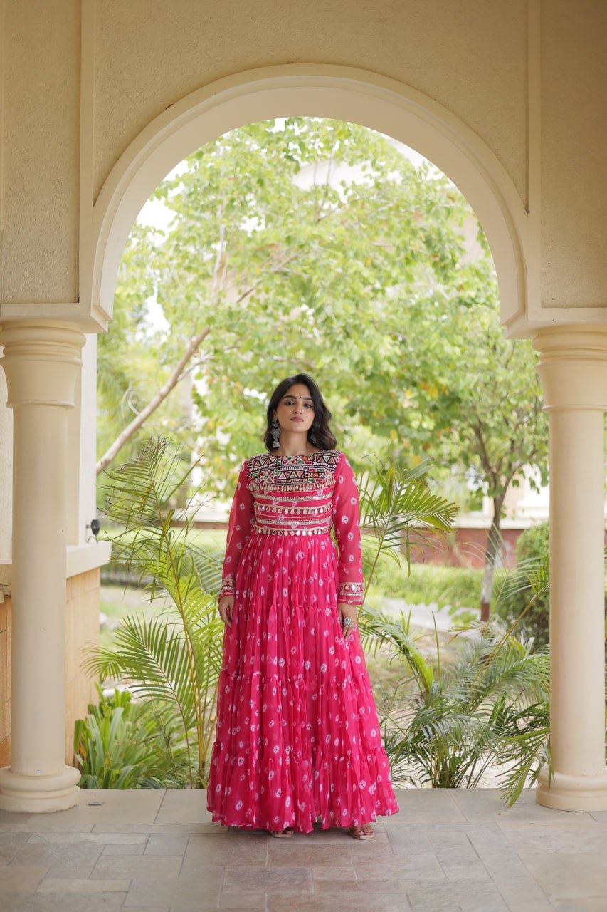 Lavanya Pink Faux Georgette Bandhani Kutchi Patchwork Gown