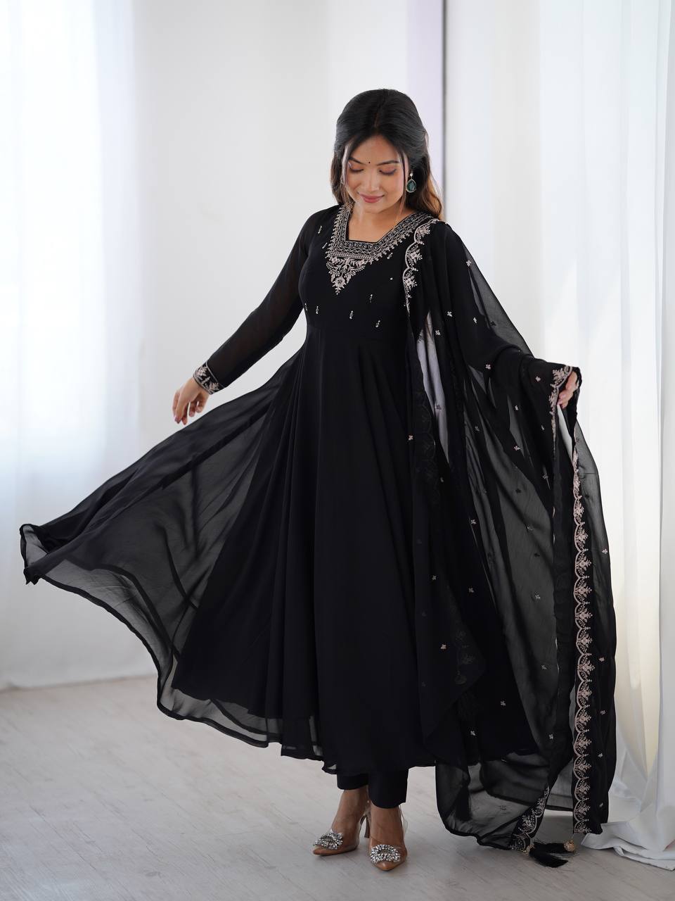 black Anarkali suit in soft Fox Georgette with 6.5-meter flair, beads & zari embroidery, lace sleeves & embroidered dupatta – stitched & ready-to-wear.