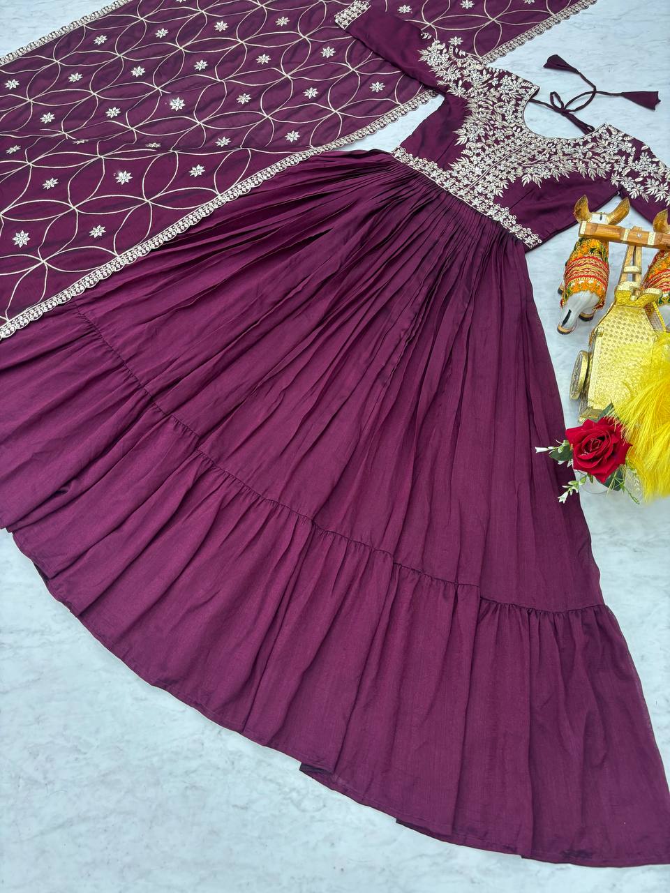 Piya Wine Color Vichitra Silk Sequins Embroidered Gown with Dupatta