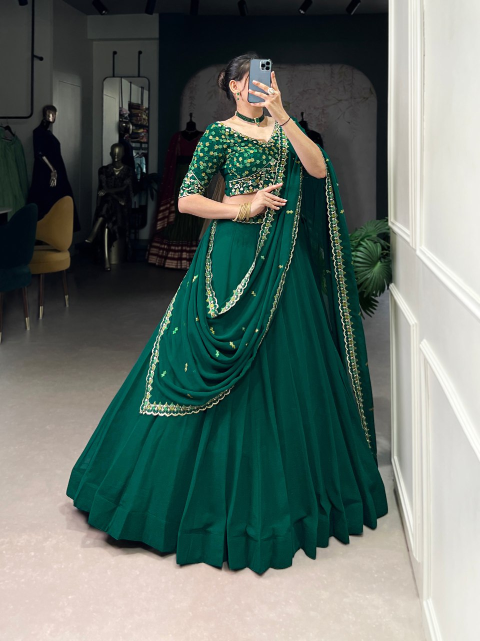 Emerald green georgette thread embroidery work lehenga choli