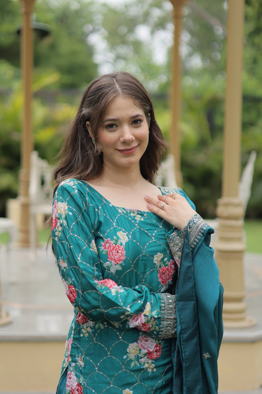 Medhasvi Teal Chinon Embroidered Kurti Sharara Set