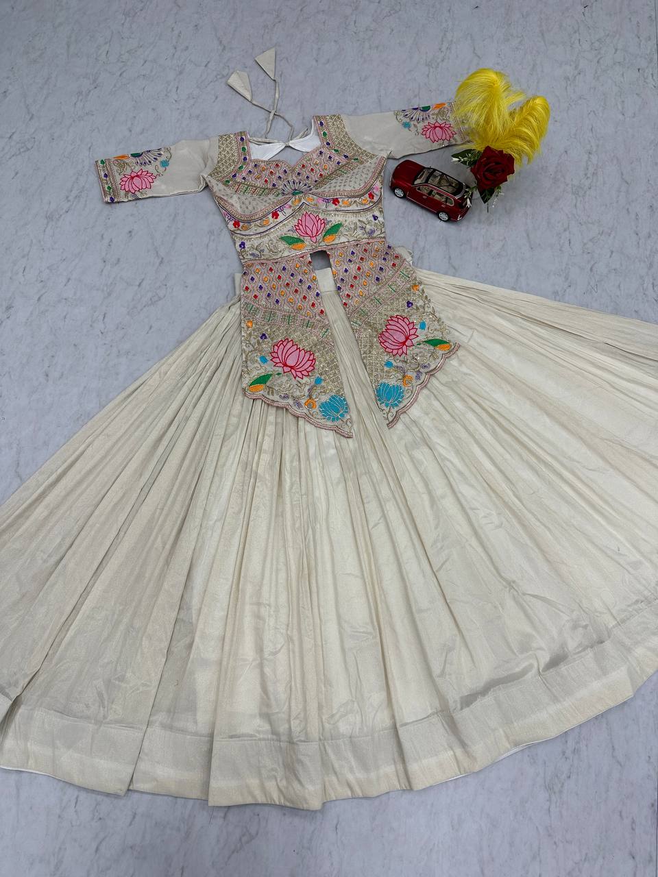 Neerja Off-White Color Cosmos Silk Embroidery Sequence Work Crop Top Lehenga Choli