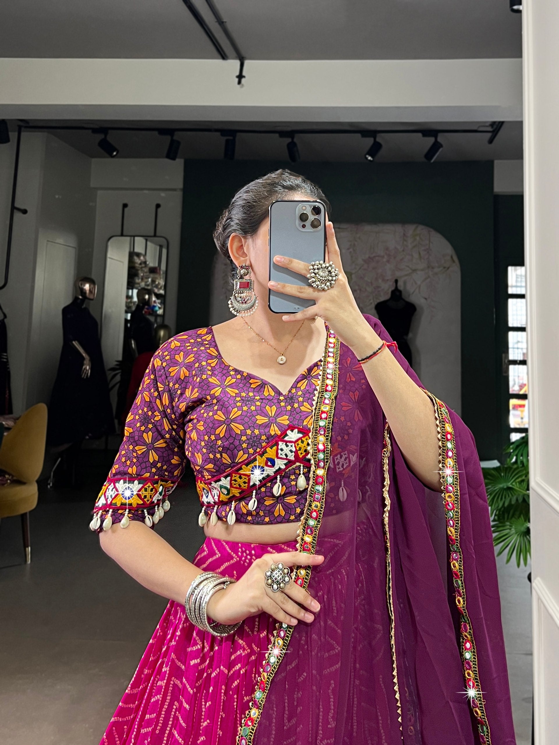 Pink Tasar silk foil print embossed lace work lehenga choli with dupatta