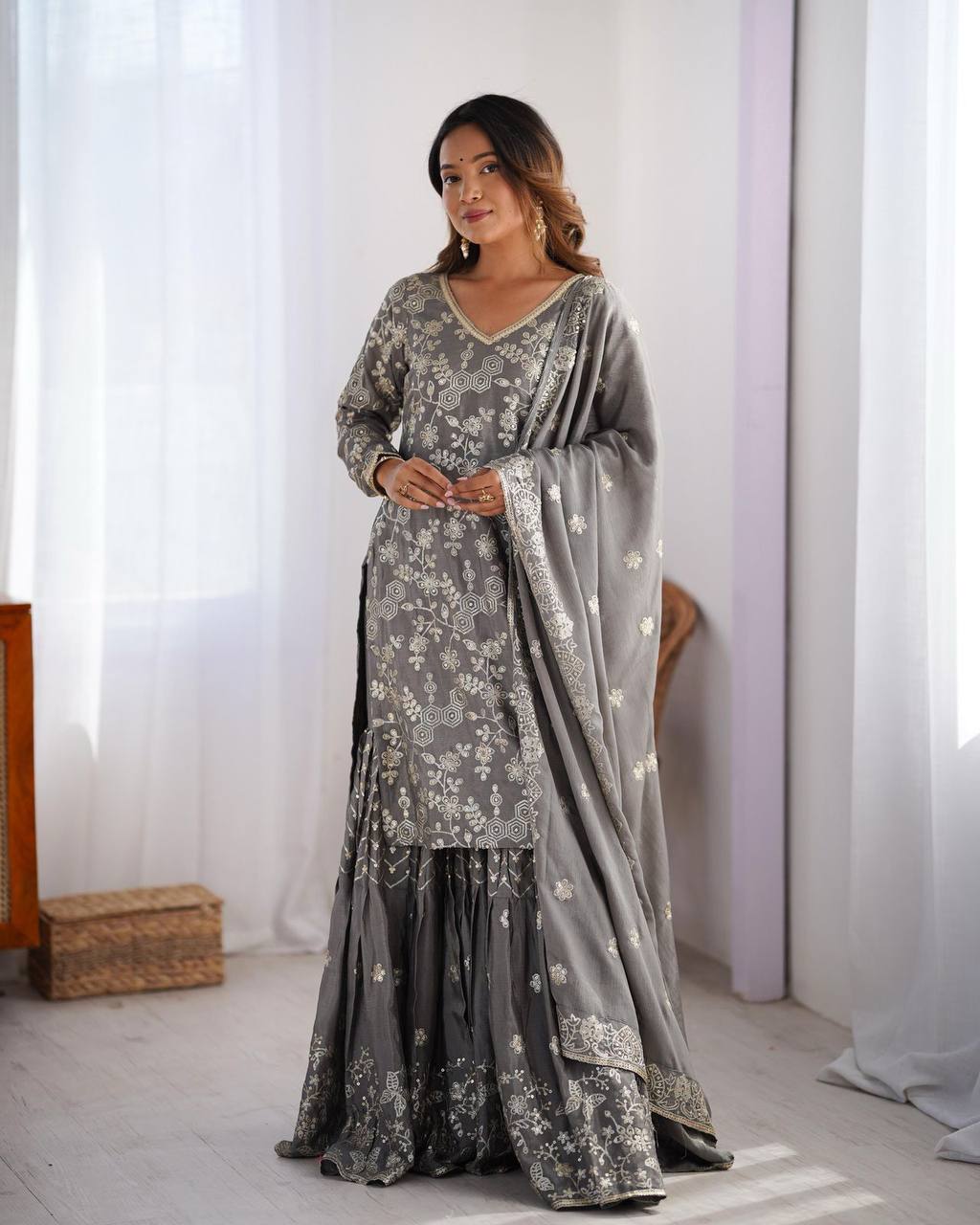 Agnija gray or grey Chinon silk sharara suit set for women, featuring thread and sequin embroidery on kurti and dupatta, stitched sharara pants with soft micro lining – perfect festive and wedding ethnic outfit for 2025.