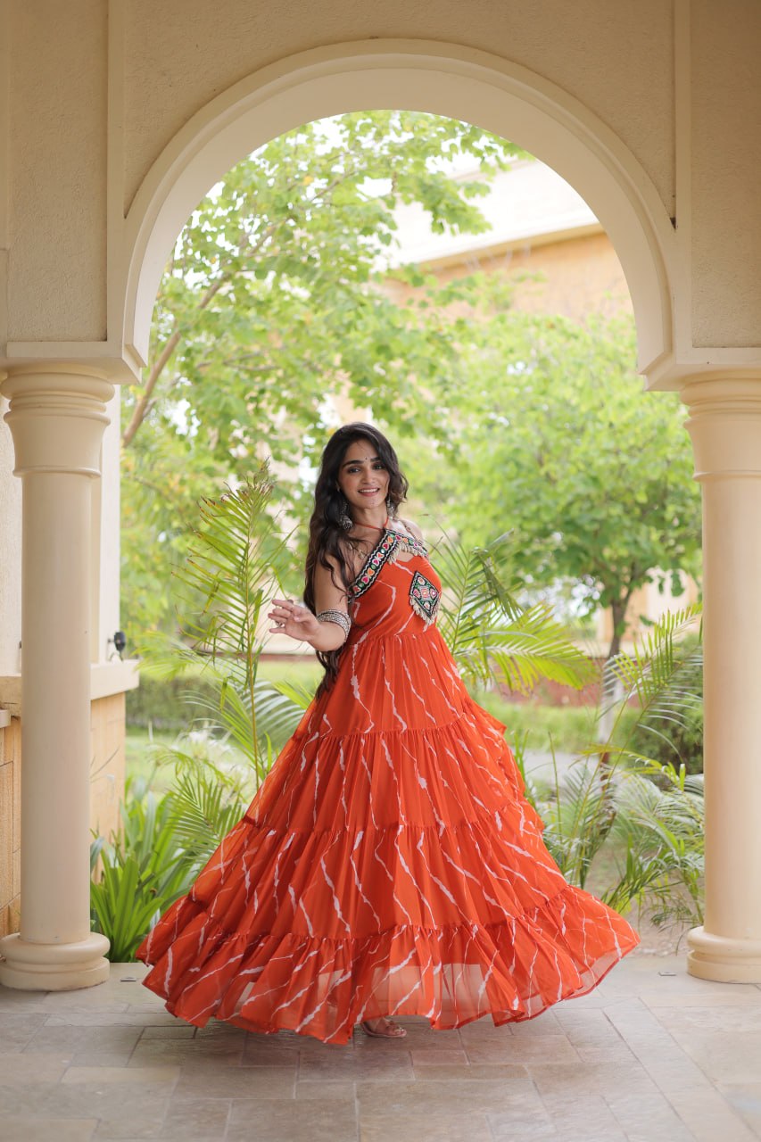 Bhavna Orange Faux Georgette Laheriya Kutchi Patchework Gown