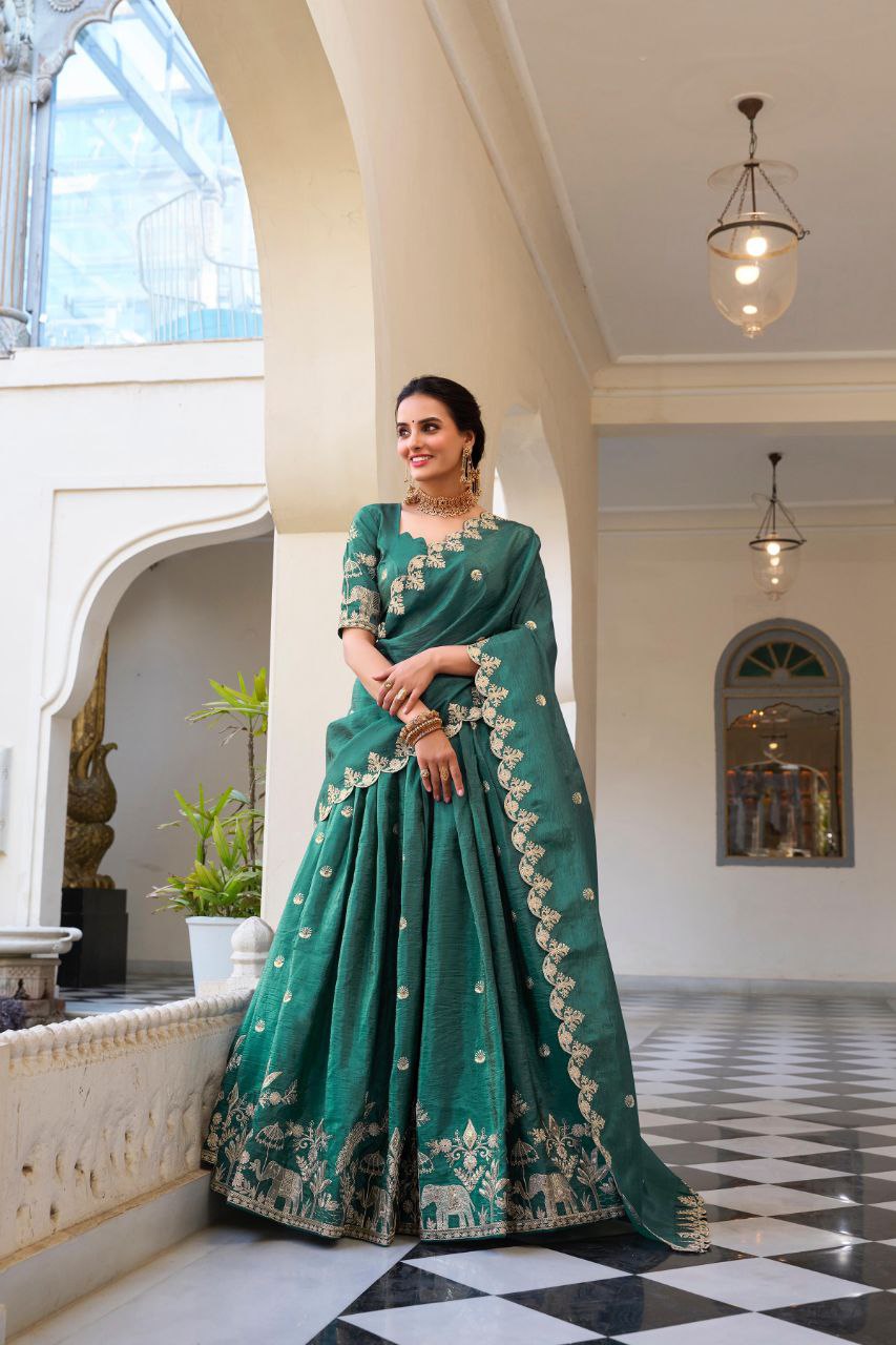 Teal green gold crush sequins thread embroidery work lehenga choli