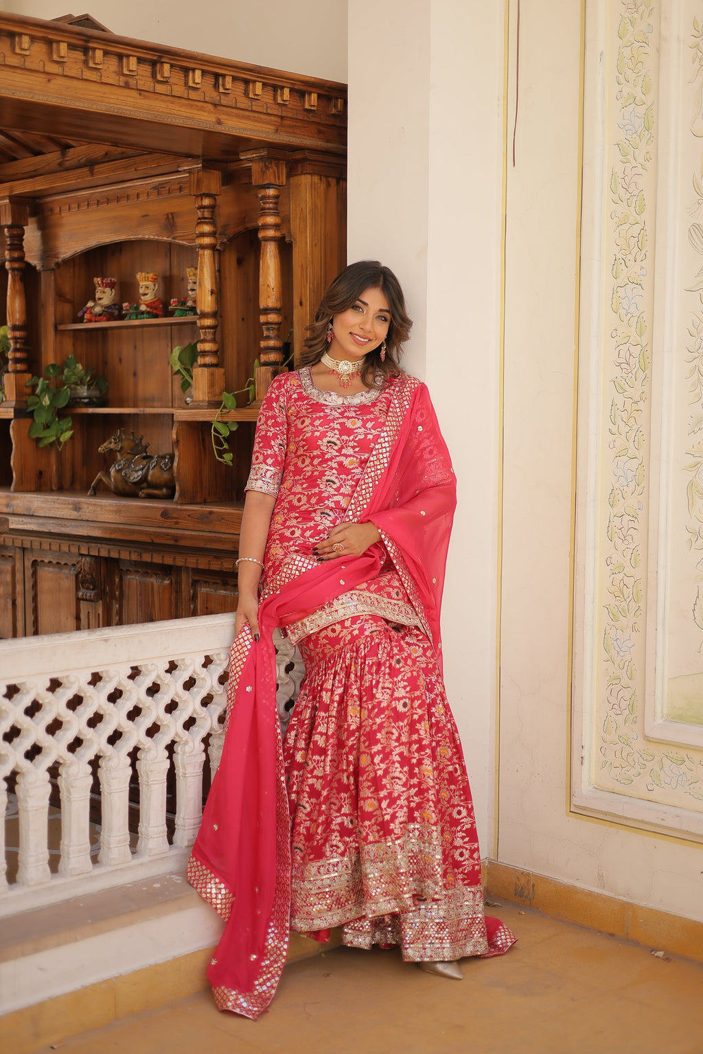 Krishnapriya Rani Pink Viscose Embroidered Kurti Gharara Set
