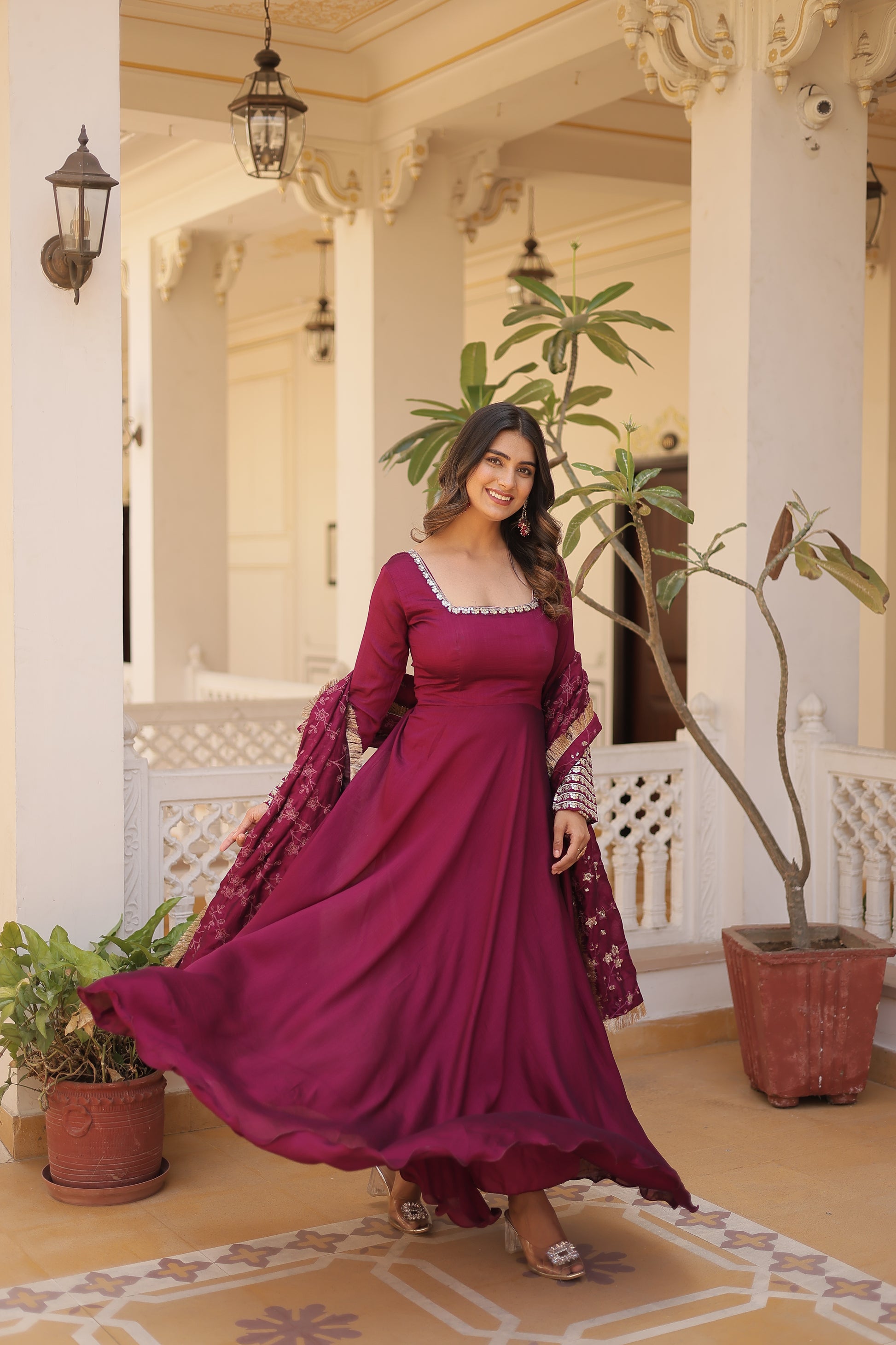 Aparajita Magenta Vichitra Silk Anarkali Gown Set