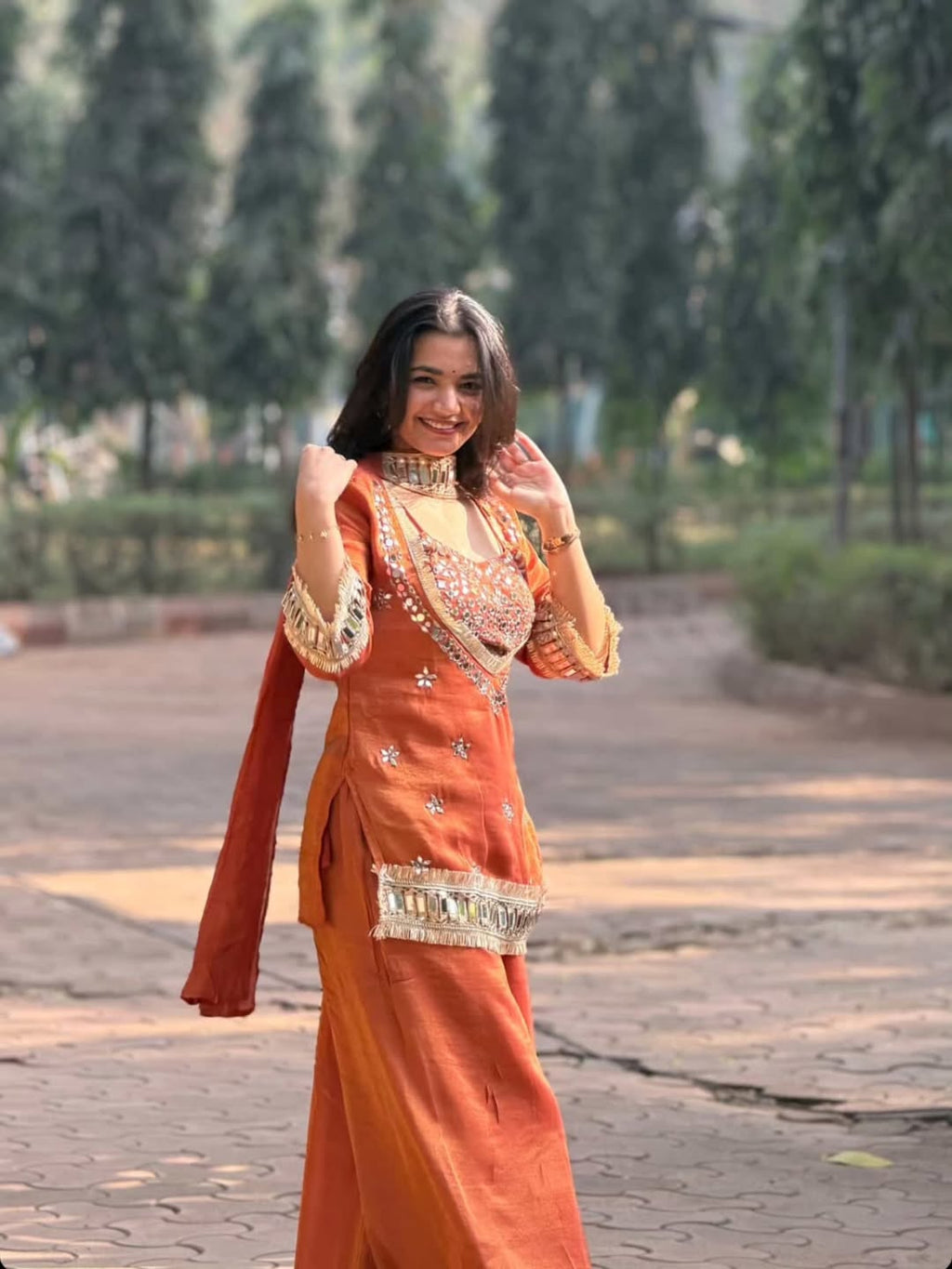 Suhani Orange Fendy Silk Real Mirror Work with Lace Border Kurti Sharara Set