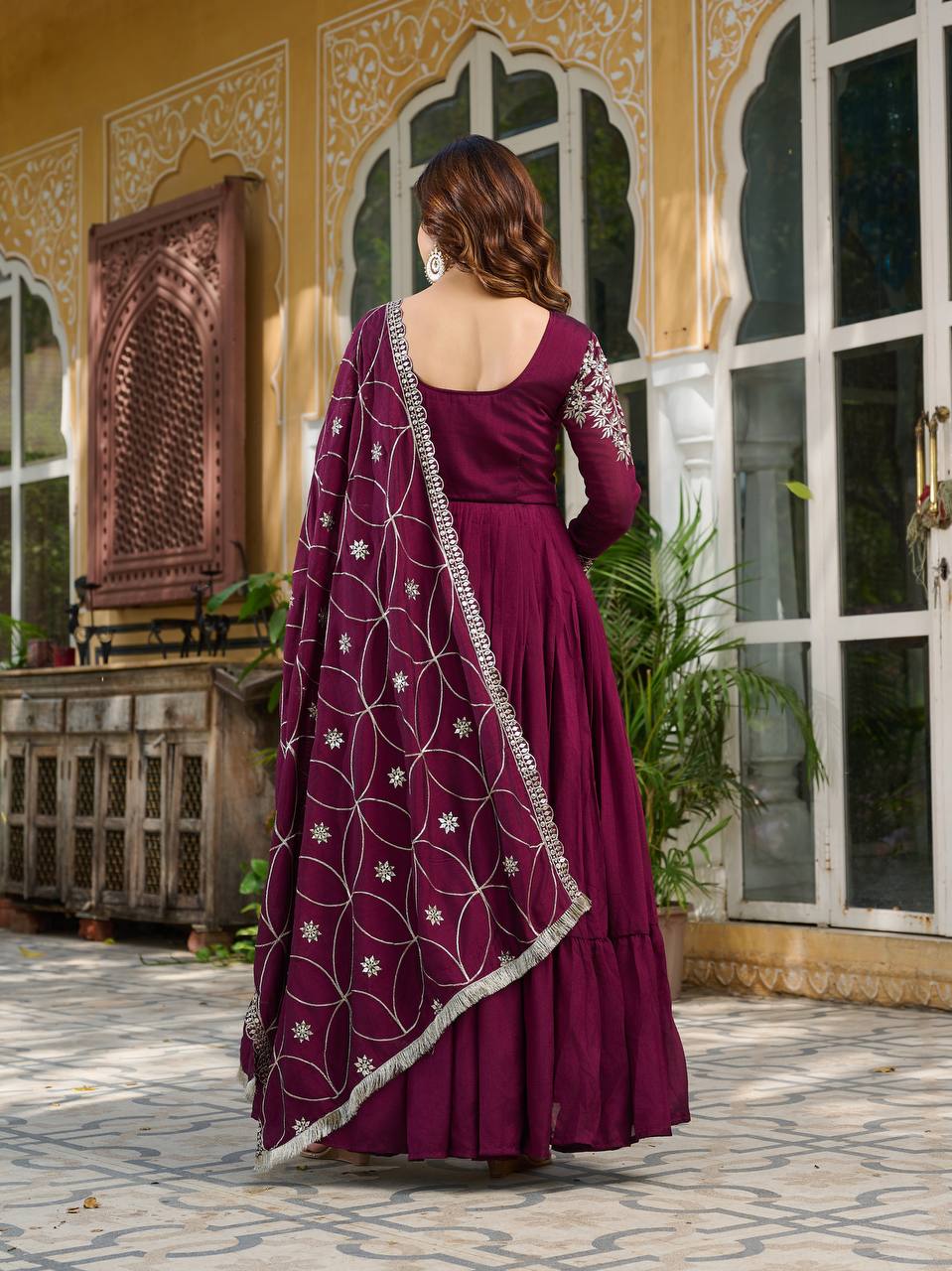 Piya Wine Color Vichitra Silk Sequins Embroidered Gown with Dupatta