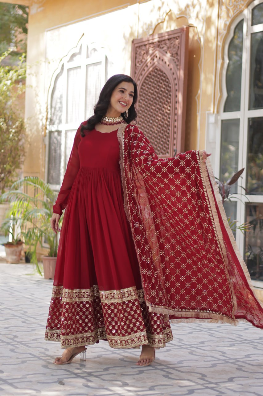 Avishka Maroon Embroidered Anarkali Gown Set