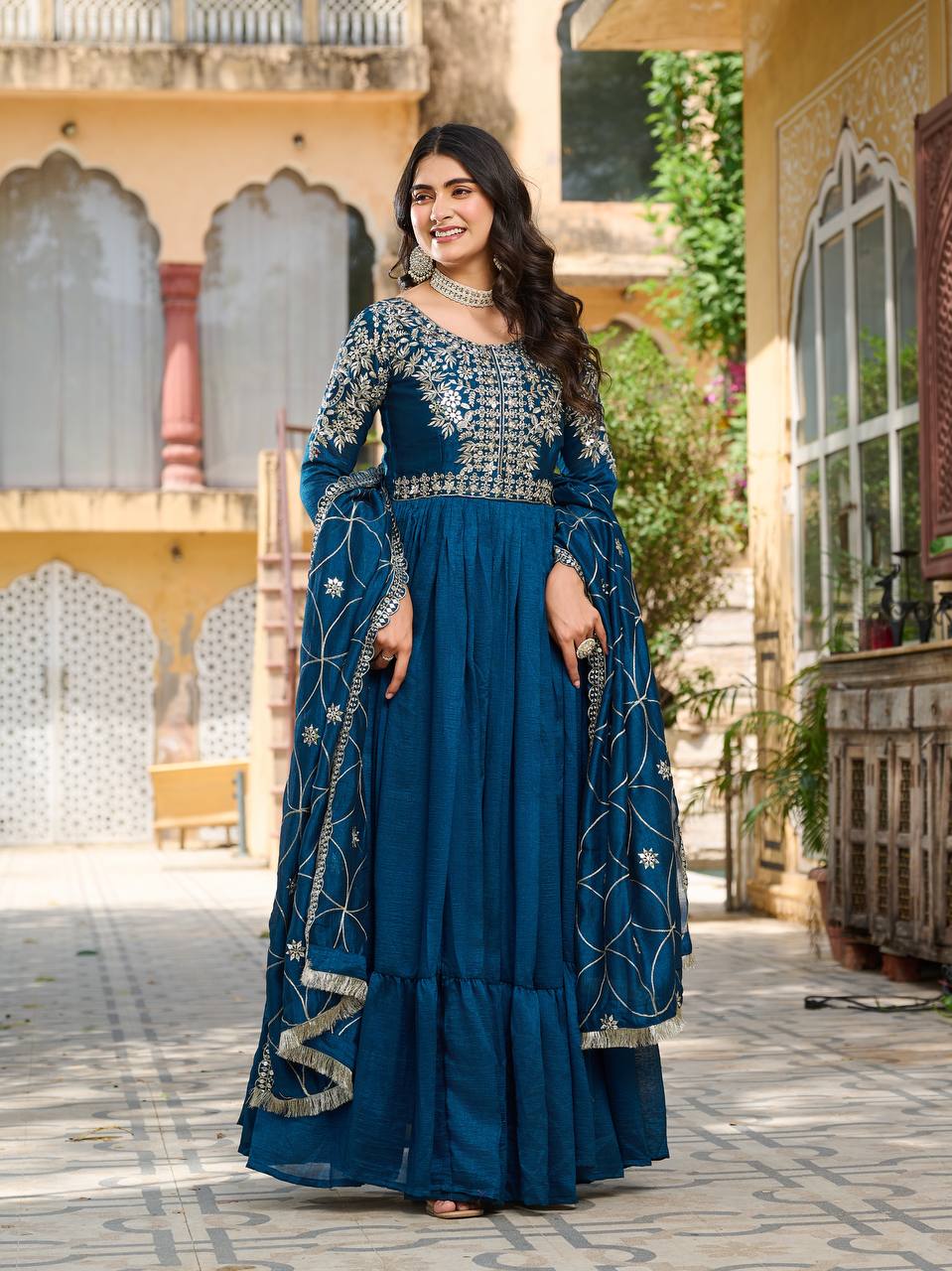 Piya Teal Blue Color Vichitra Silk Sequins Embroidered Gown with Dupatta