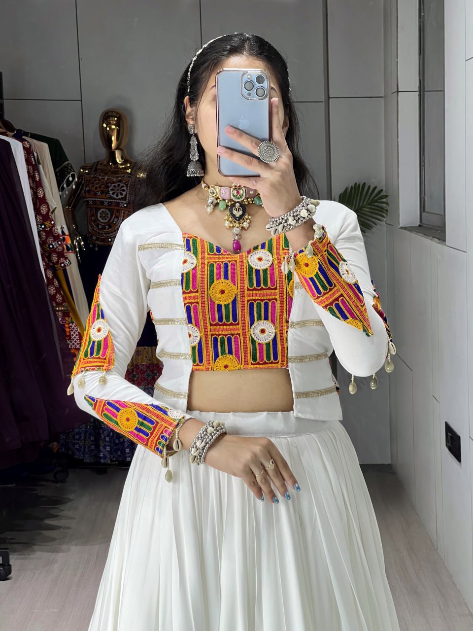 White festive wear fancy top lehenga with Kutchi detailing