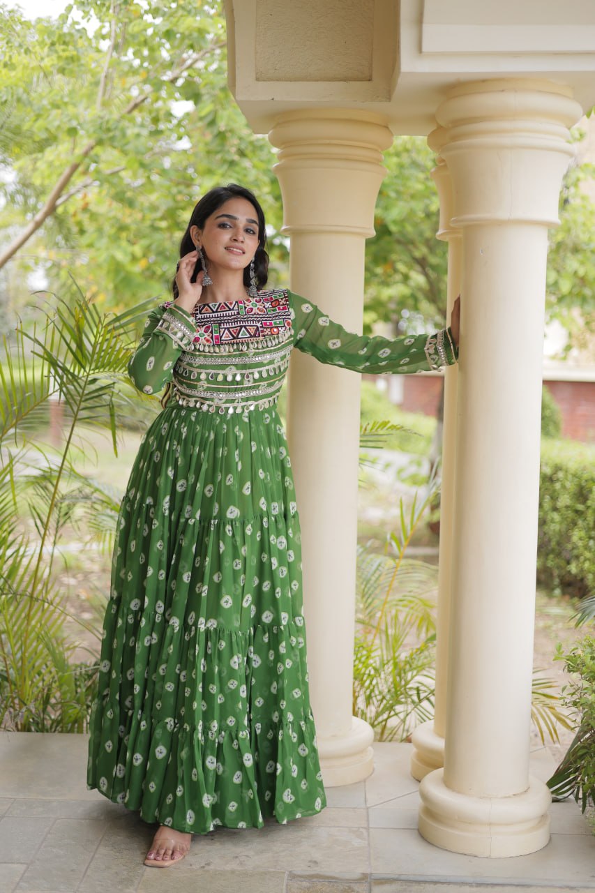 Lavanya Green Faux Georgette Bandhani Kutchi Patchwork Gown