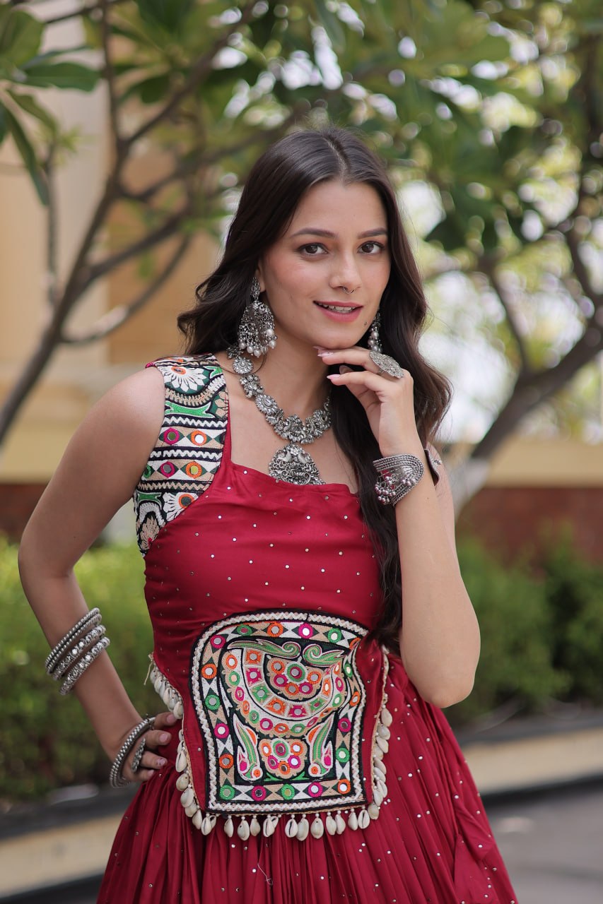 Yashvi Red Reyon Mukesh Patti Lace Lehenga Choli