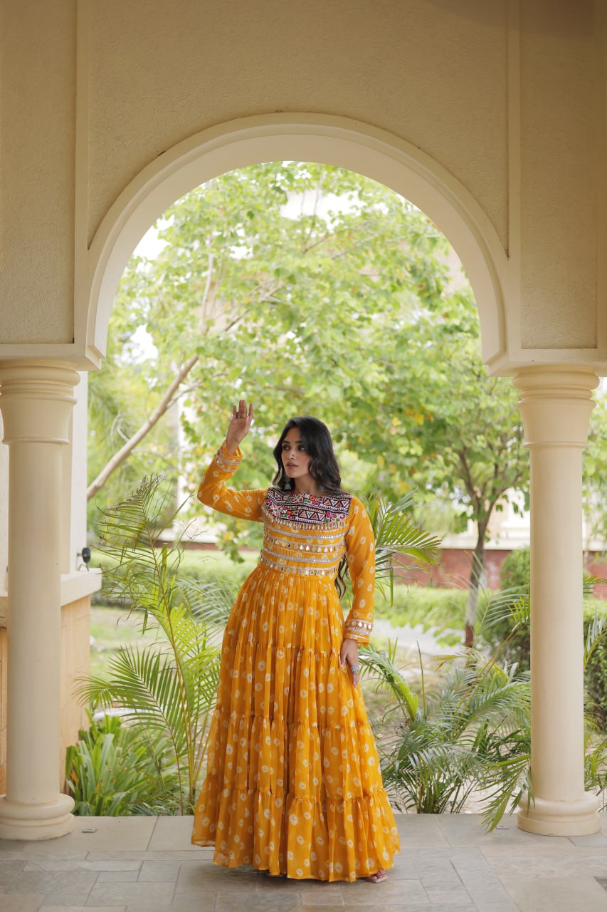 Lavanya Yellow Faux Georgette Bandhani Kutchi Patchwork Gown