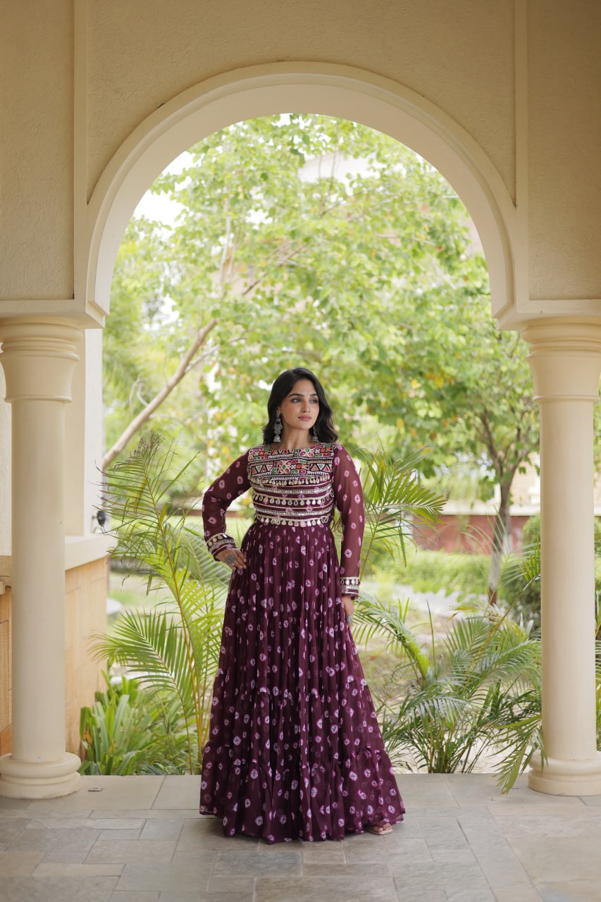 Lavanya Purple Faux Georgette Bandhani Kutchi Patchwork Gown