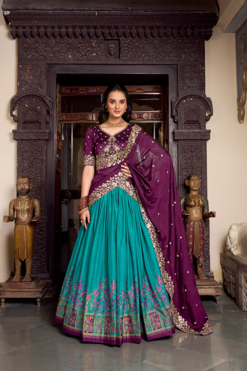 Purple tussar silk foil print lehenga choli with embroidered dupatta