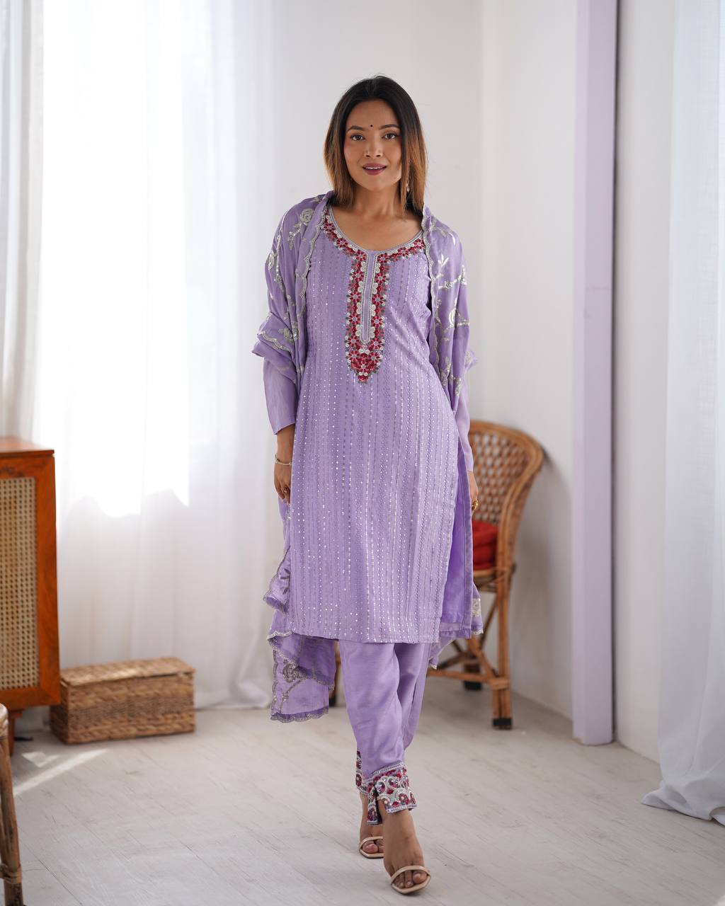 Purple Chinon silk kurti set with sequin thread work, a fully stitched kurti set online with 3XL margin—perfect festive wear for women by Trinaari.