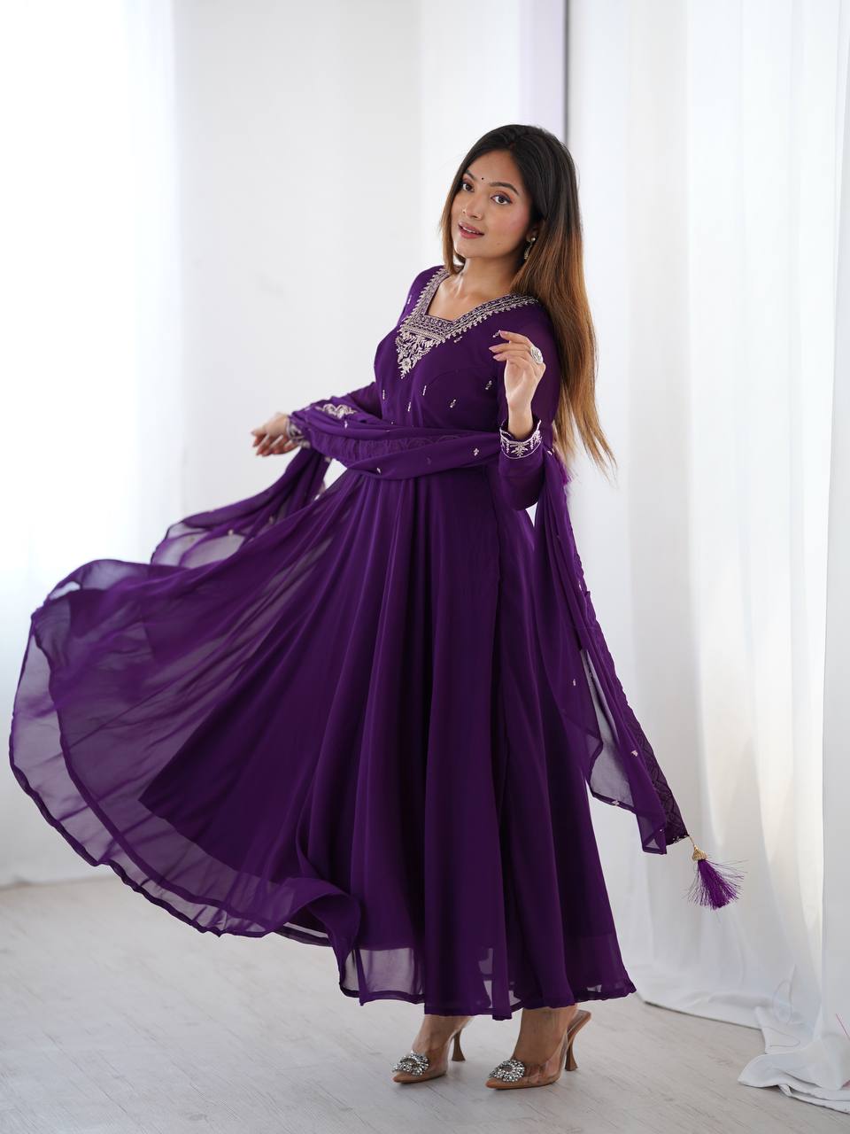 Purple Anarkali suit in soft Fox Georgette with 6.5-meter flair, zari & beads embroidery, lace sleeves & dupatta – stitched & ready-to-wear.