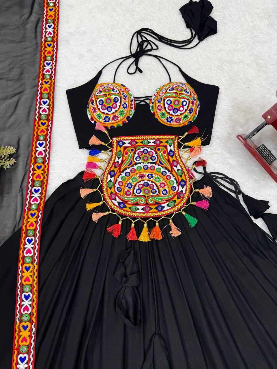 Black Rayon Gamthi Thread Mirror Work Navratri Lehenga Choli with Dupatta