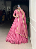 Pink Pure Chanderi Cowrie Work Lehenga Choli With Dupatta