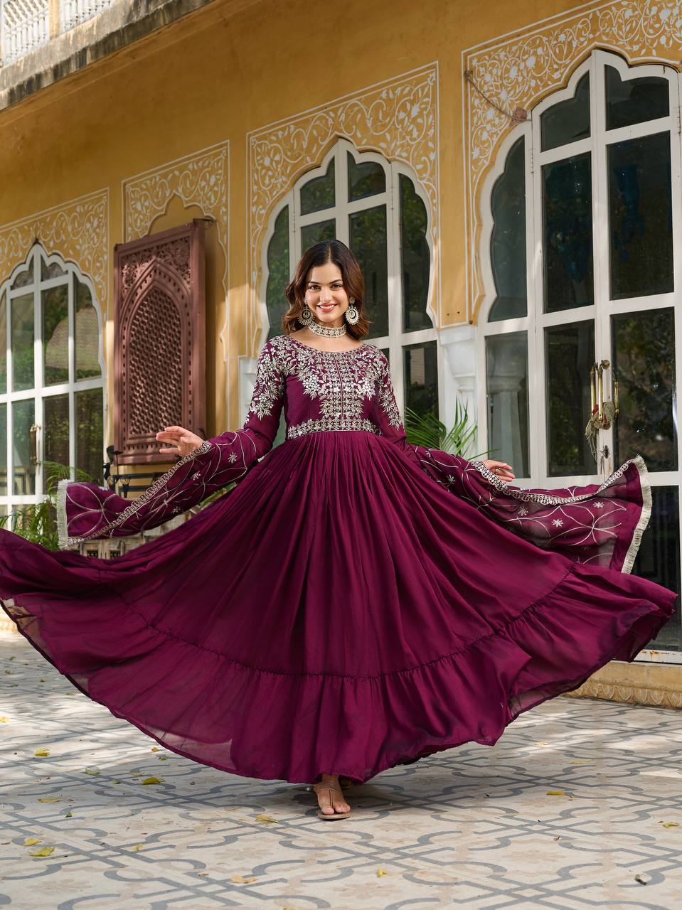 Piya Wine Color Vichitra Silk Sequins Embroidered Gown with Dupatta