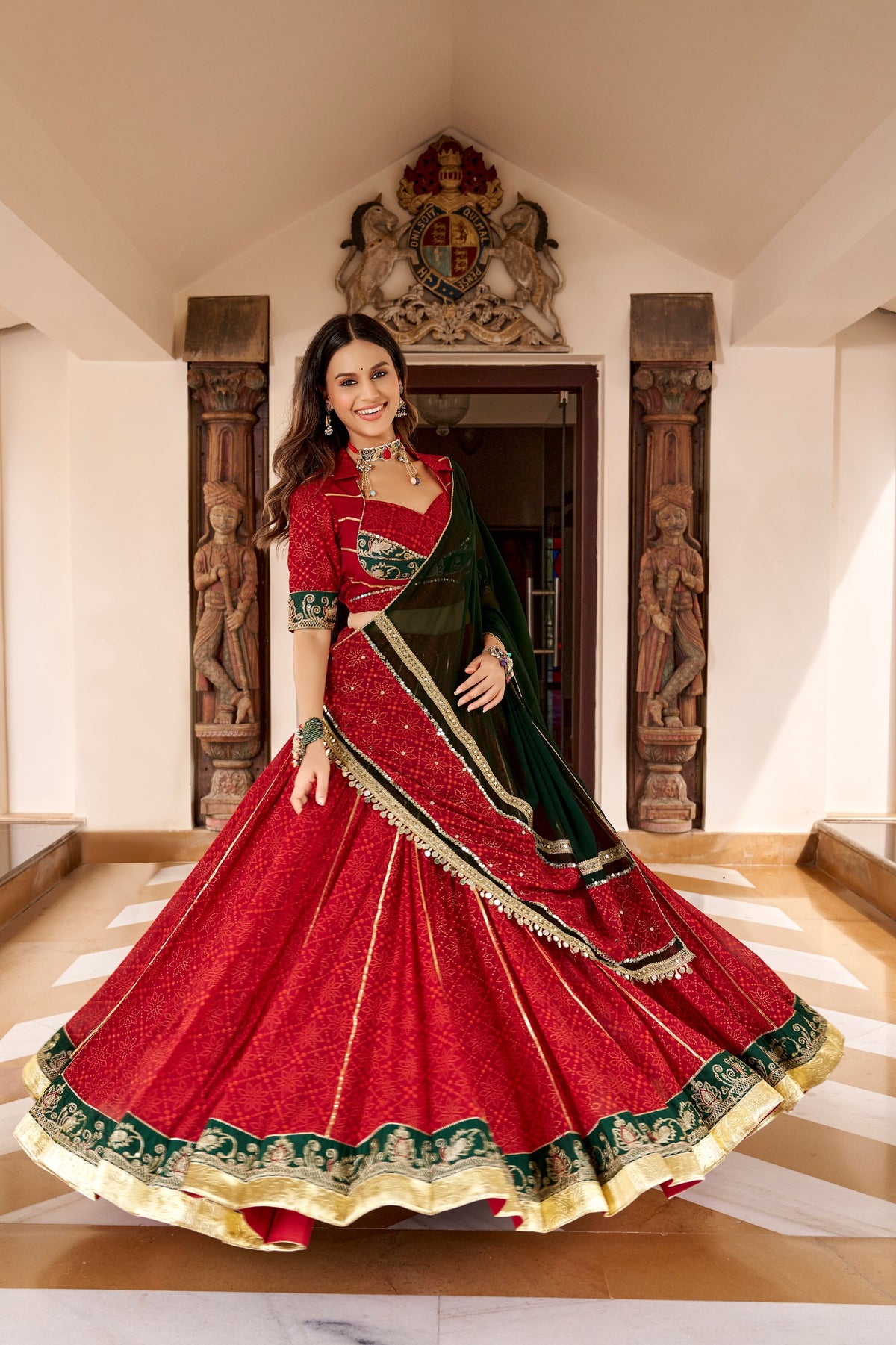 Komal Red Georgette Bandhej Foil Print Lehenga Choli