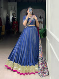 Navy Blue Chanderi Zari Weaving and Embossed Lace Lehenga Choli