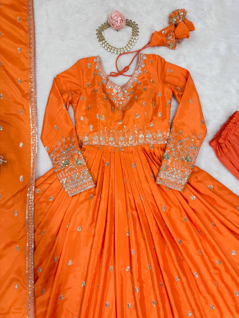 Meghnita Anarkali suit in American Silk with thread & sequin embroidery, padded gown, stitched pant & dupatta—perfect for weddings & festive wear.