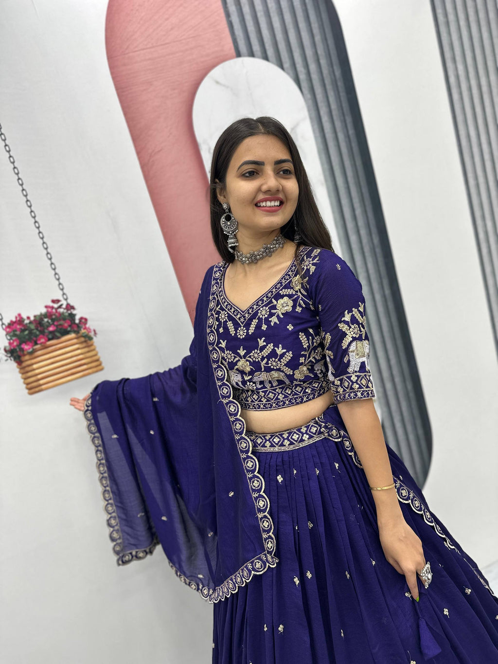 Gopi Navy Blue Vichitra Silk Embroidery Sequins Thread Work Lehenga Choli