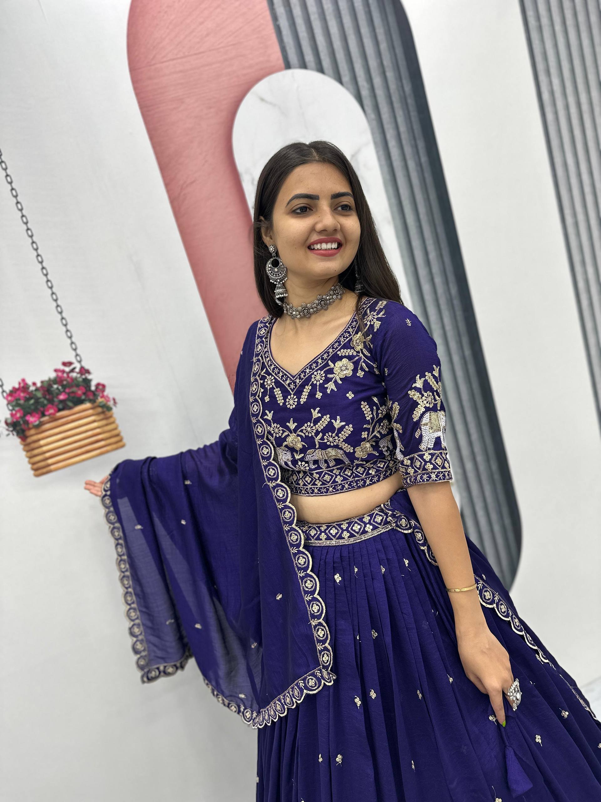 Gopi Navy Blue Vichitra Silk Embroidery Sequins Thread Work Lehenga Choli